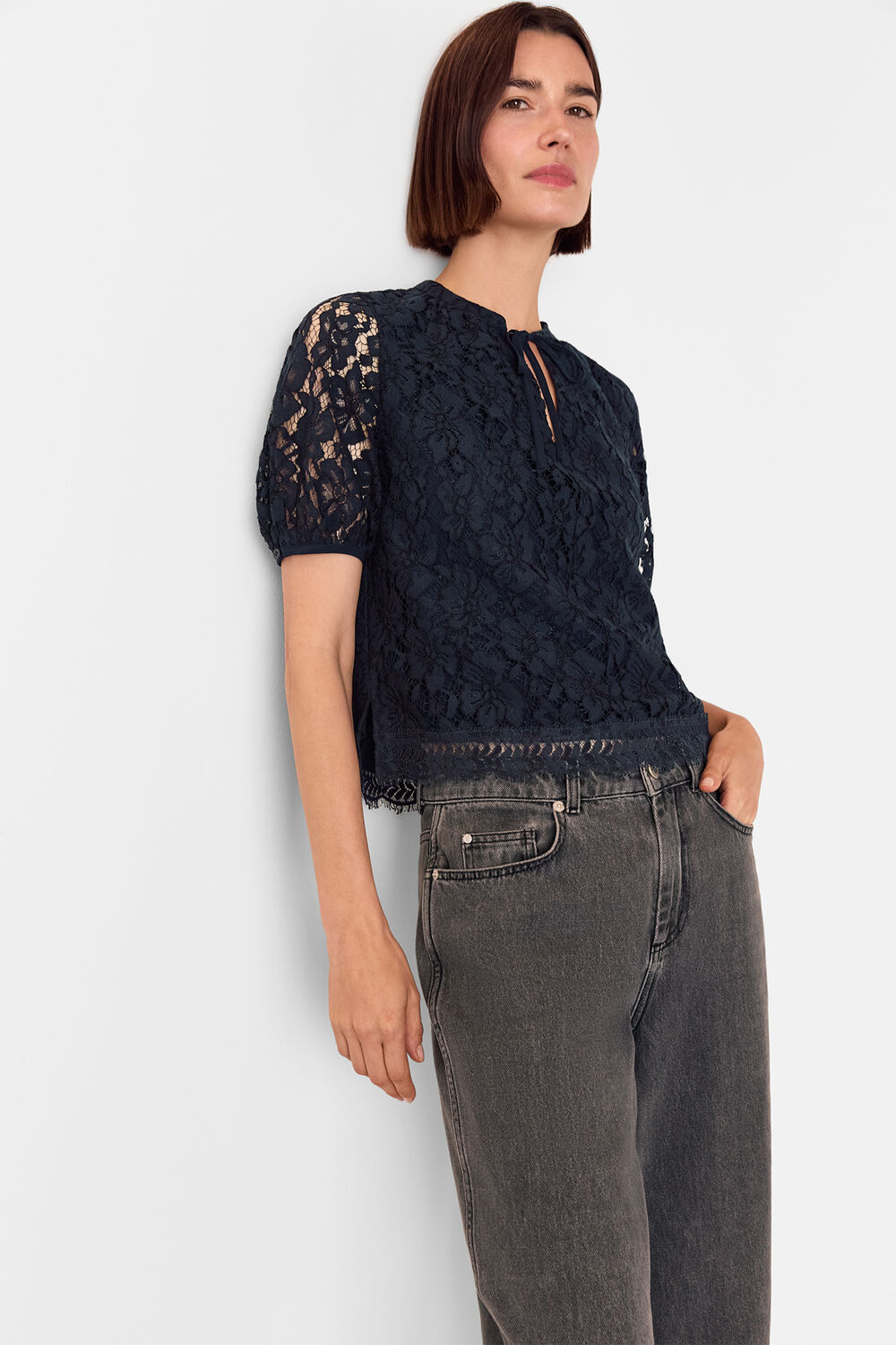 Navy Lace Tie Detail Blouse
