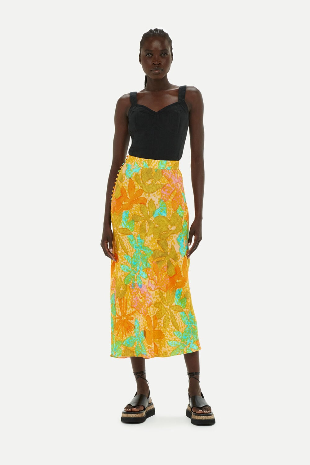 Multicolour Palm Floral Side Button Skirt