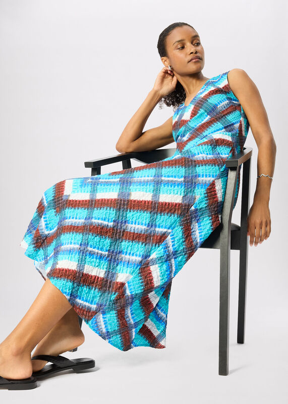 Blue Checked V Neck Textured Dress