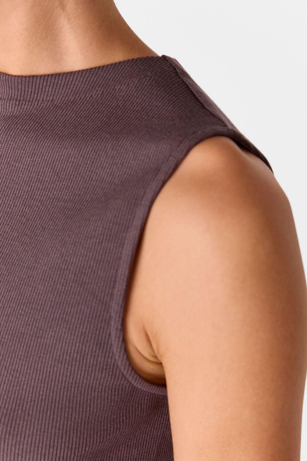 Brown High Neck Rib Detail Tee