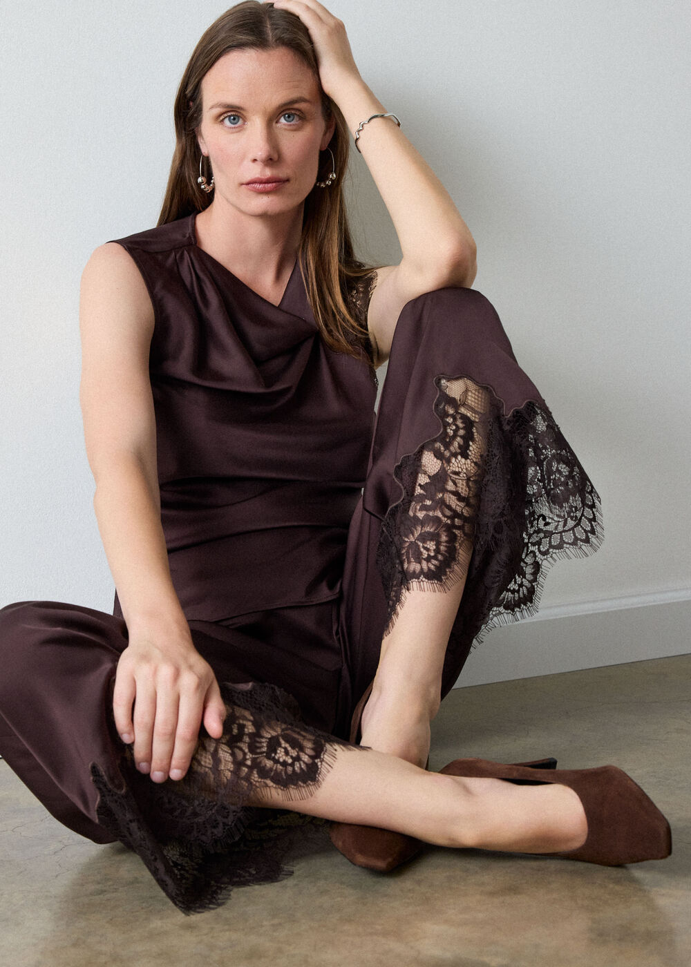 Chocolate Satin Lace Trim Trouser
