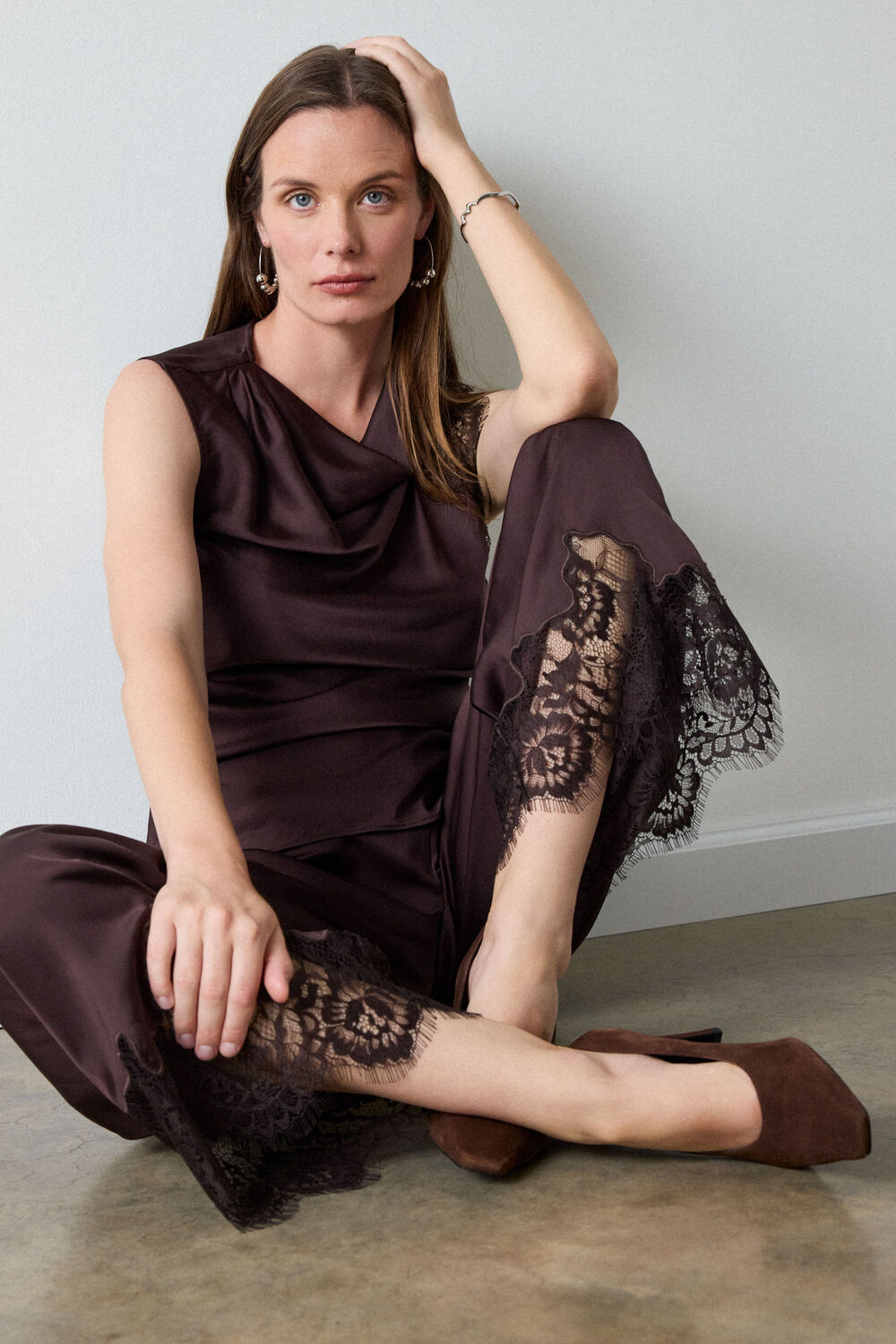 Chocolate Satin Lace Trim Trouser
