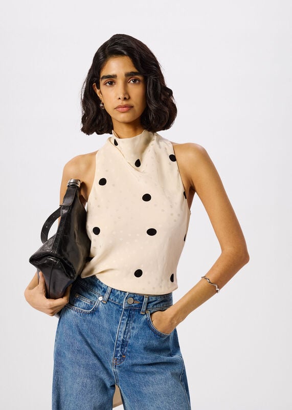 Cream Jacquard Spot Satin Halterneck