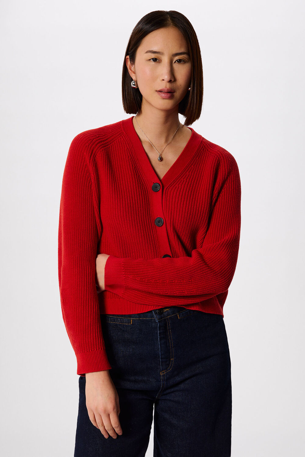 Red V Neck Cotton Cardigan