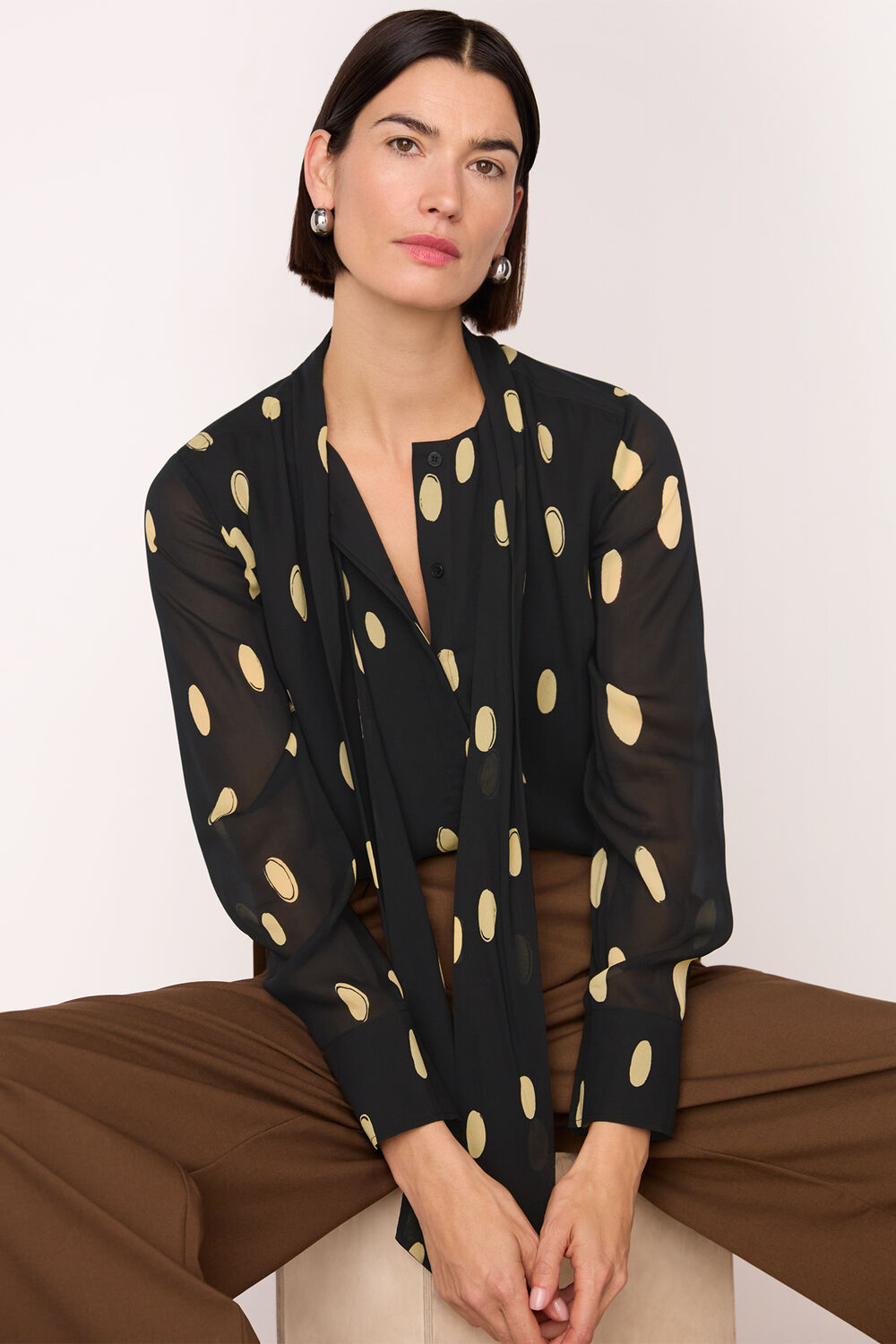Black Abstract Spot Tie Neck Blouse