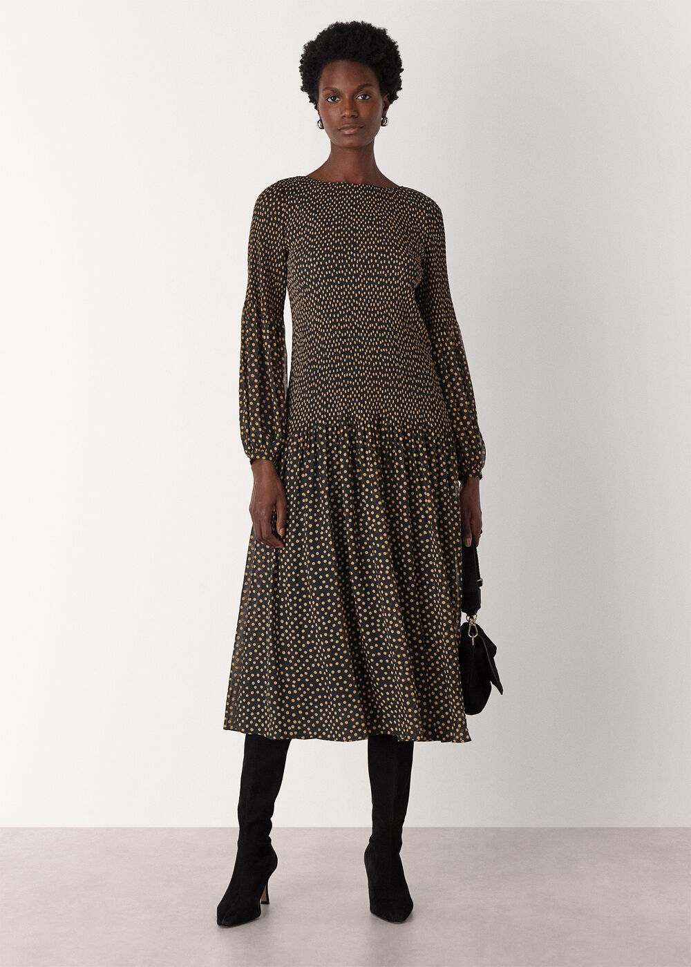Spot Print Plisse Midi Dress