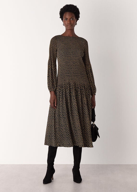 Black Spot Print Plisse Midi Dress