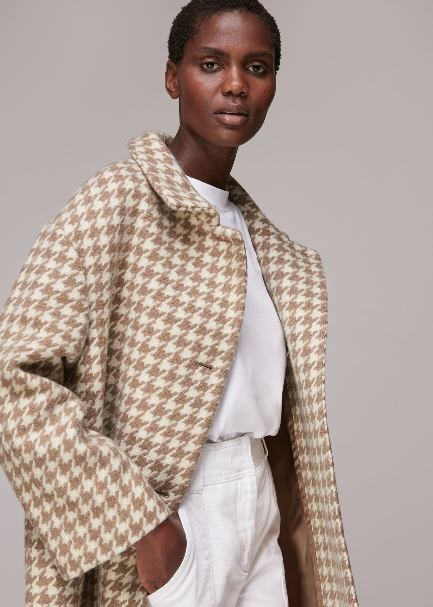 Multicolour Dogstooth Funnel Neck Coat | WHISTLES | Whistles US |