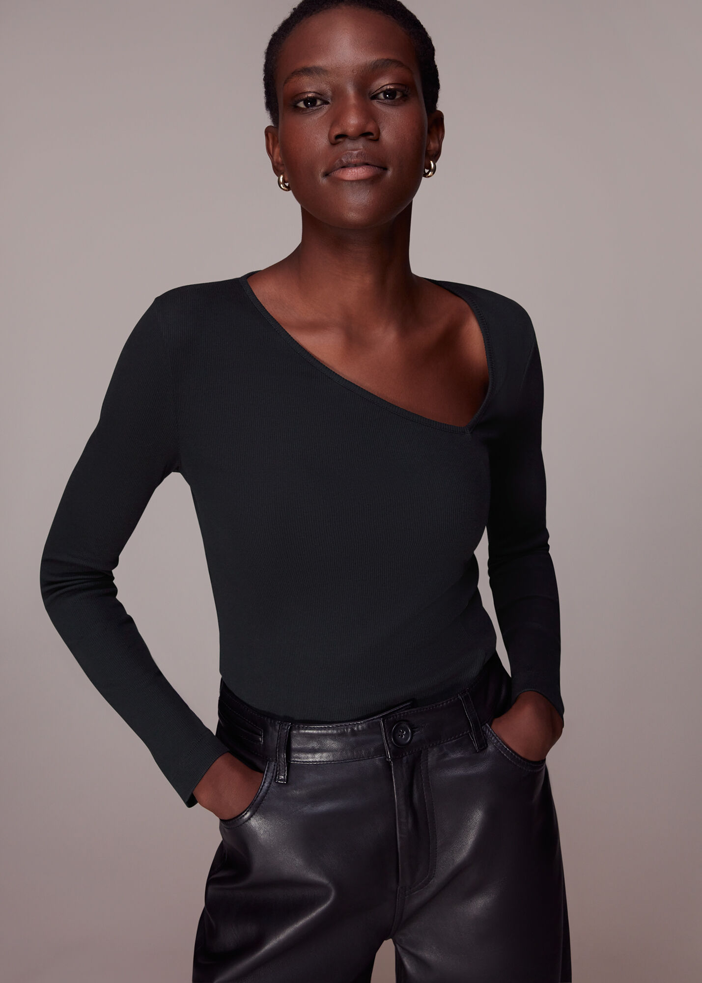 Black Ribbed Asymmetric V Neck Top WHISTLES Whistles US