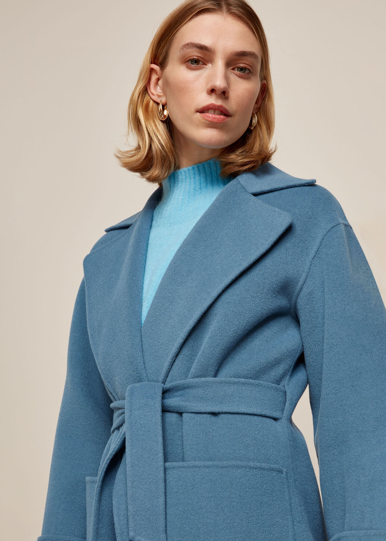 Double Faced Wool Wrap Coat Blue