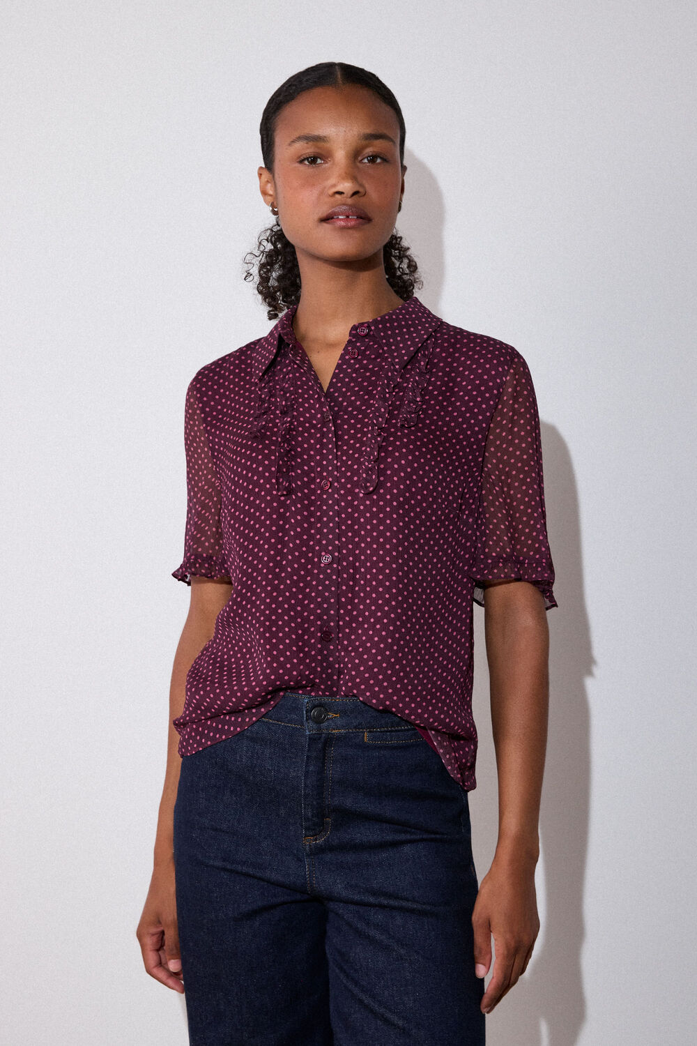 Burgundy Polka Dot Sheer Sleeve Shirt