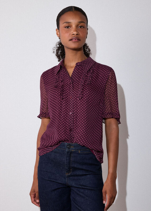 Burgundy Polka Dot Sheer Sleeve Shirt