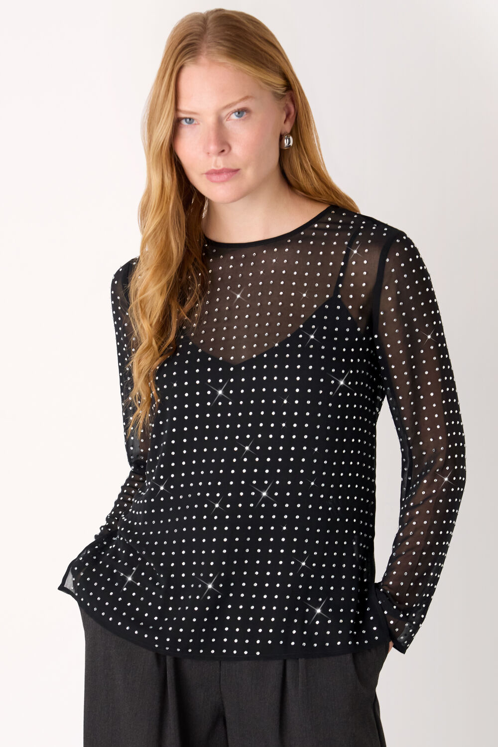 Black Hot Fix Sheer Sleeve Blouse