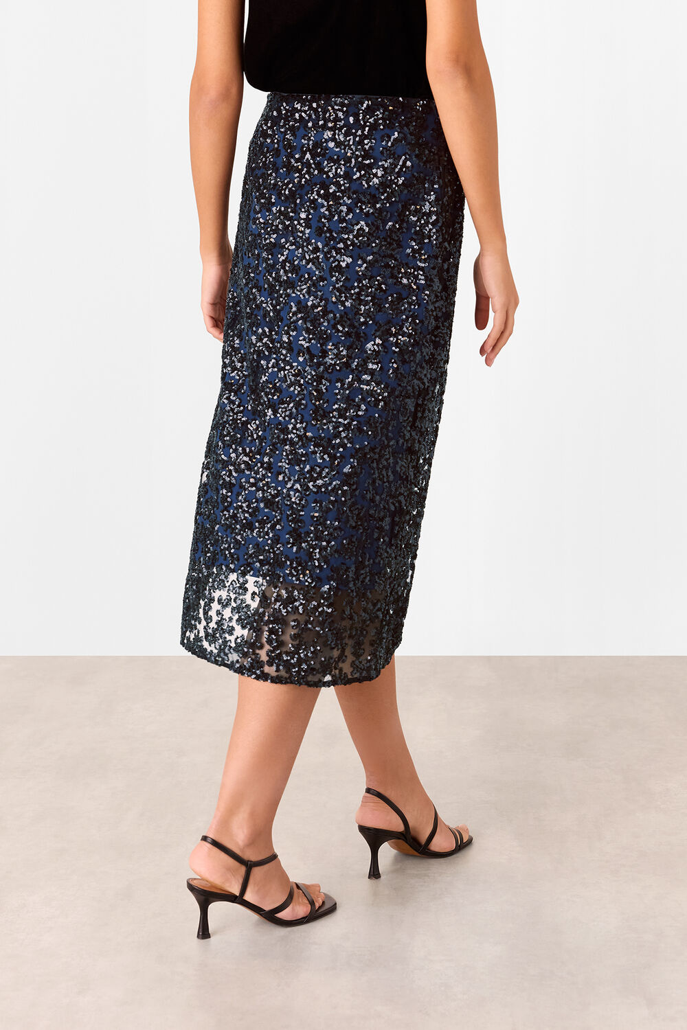 Black Floral Sequin Midi Skirt