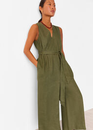 Petite Belted Seamed Linen Jumpsuit