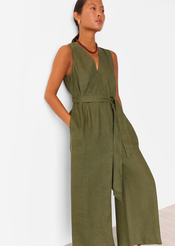 Khaki Petite Belted Seamed Linen Jumpsuit