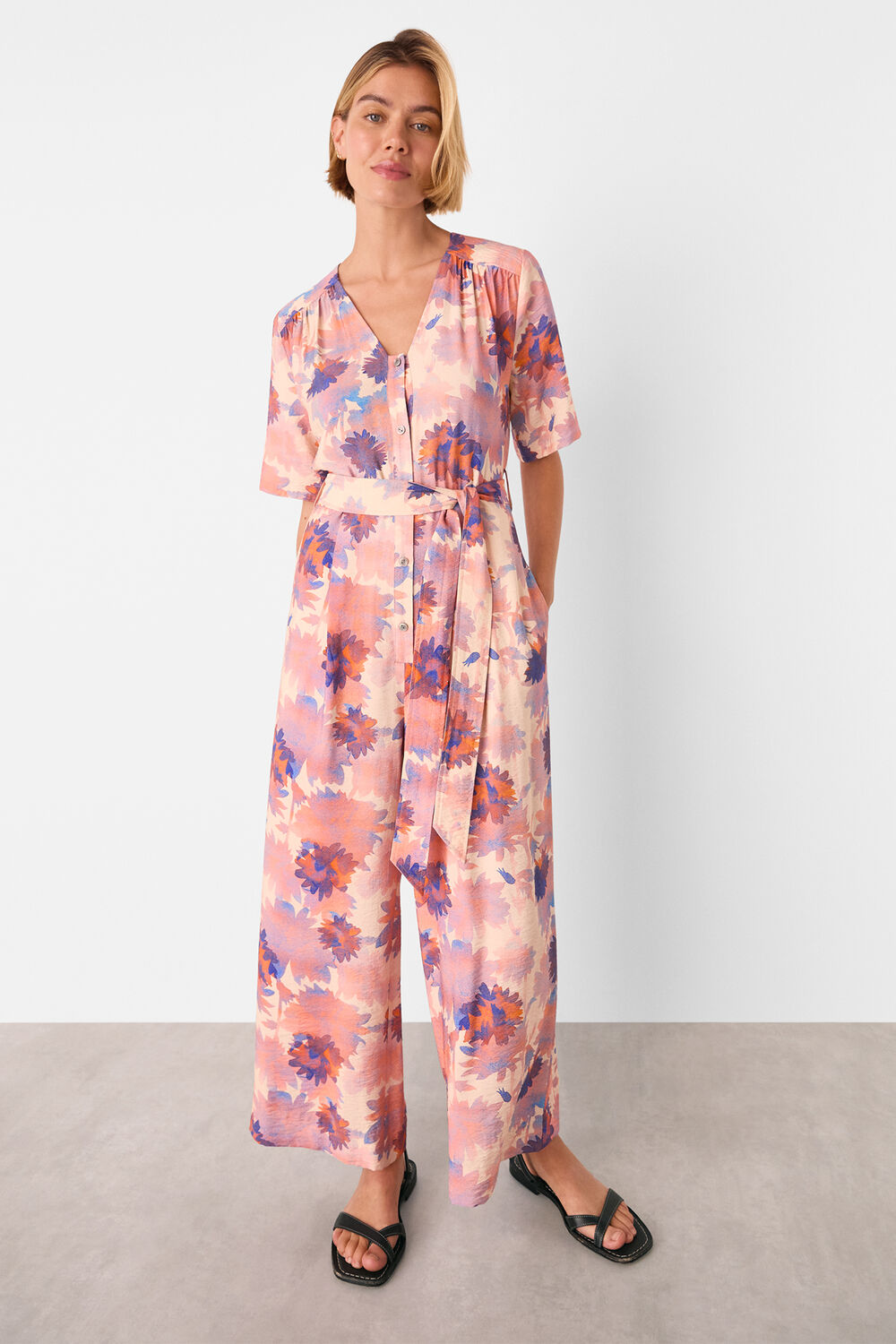 Pink Floral Button Front Jumpsuit