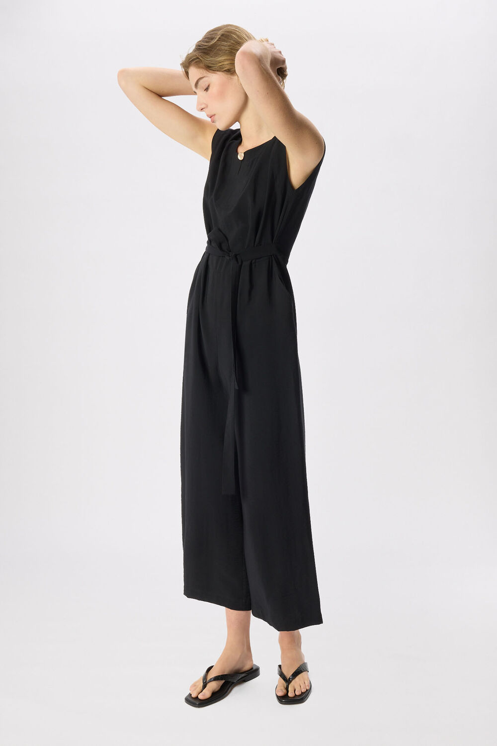 Black Button Detail Tie Jumpsuit