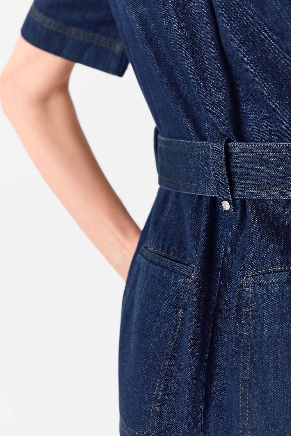 Denim Pintuck Belted Jumpsuit