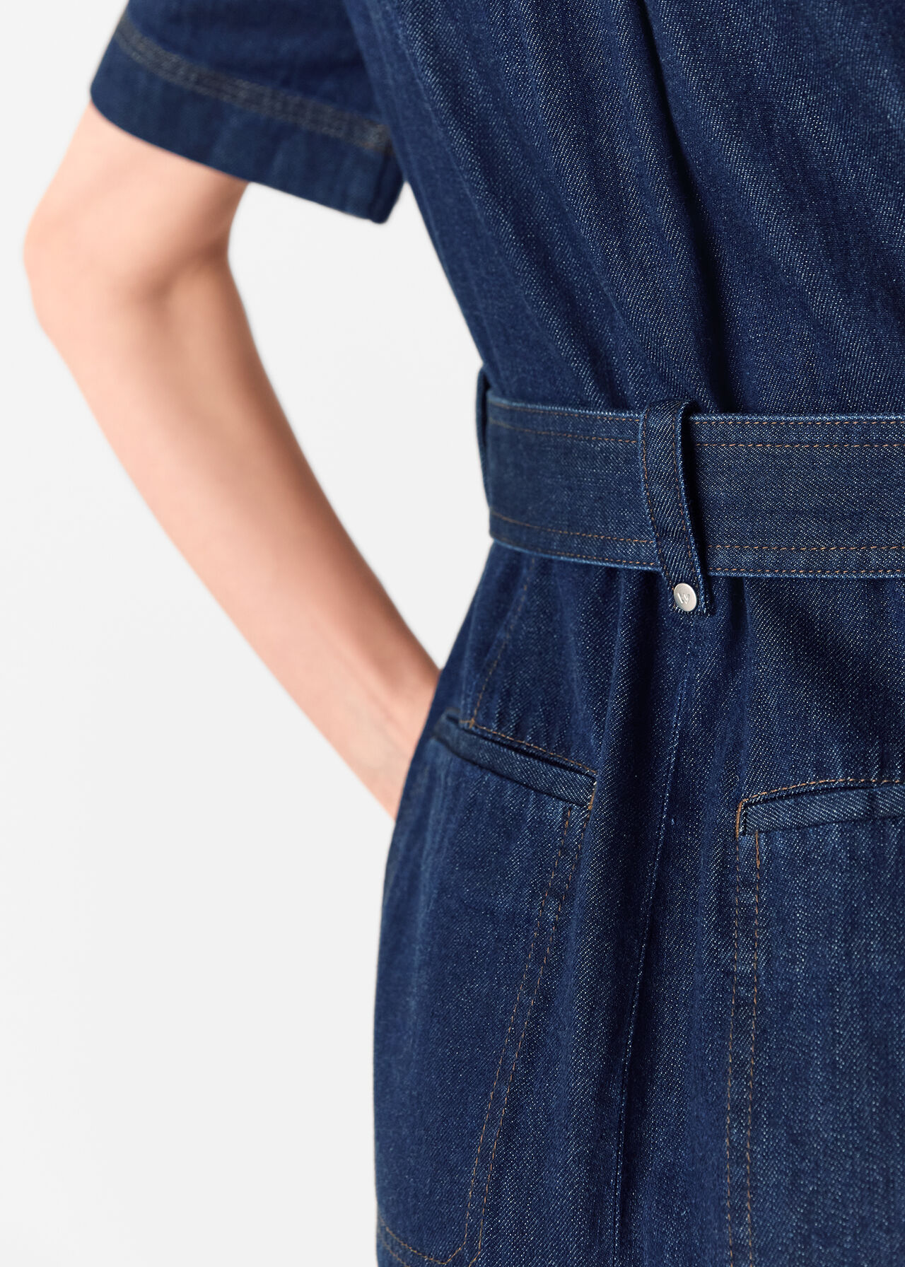 Denim Pintuck Belted Jumpsuit