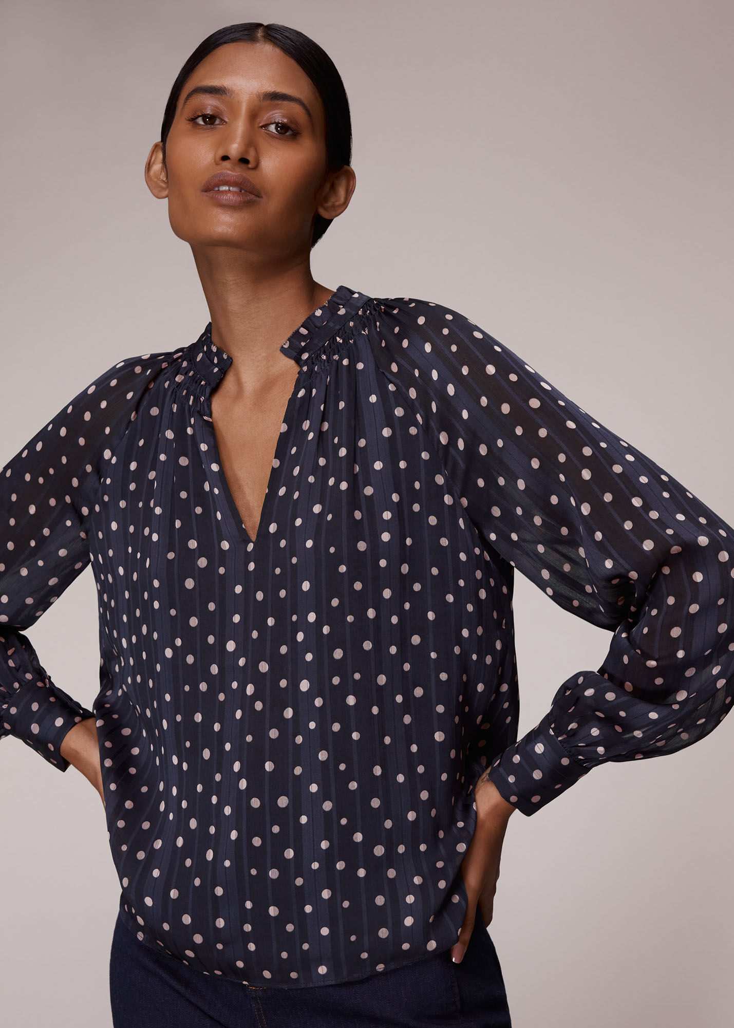 Navy and white clearance polka dot top