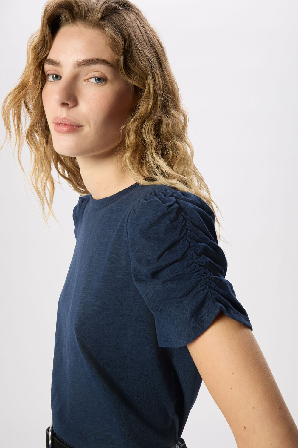 Navy Round Neck Gathered Sleeve Tee