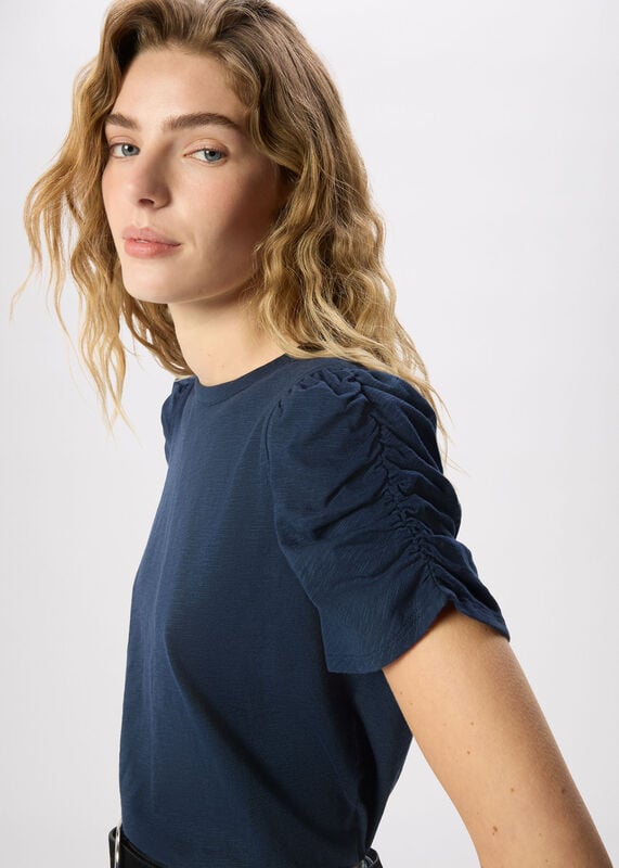 Navy Round Neck Gathered Sleeve Tee