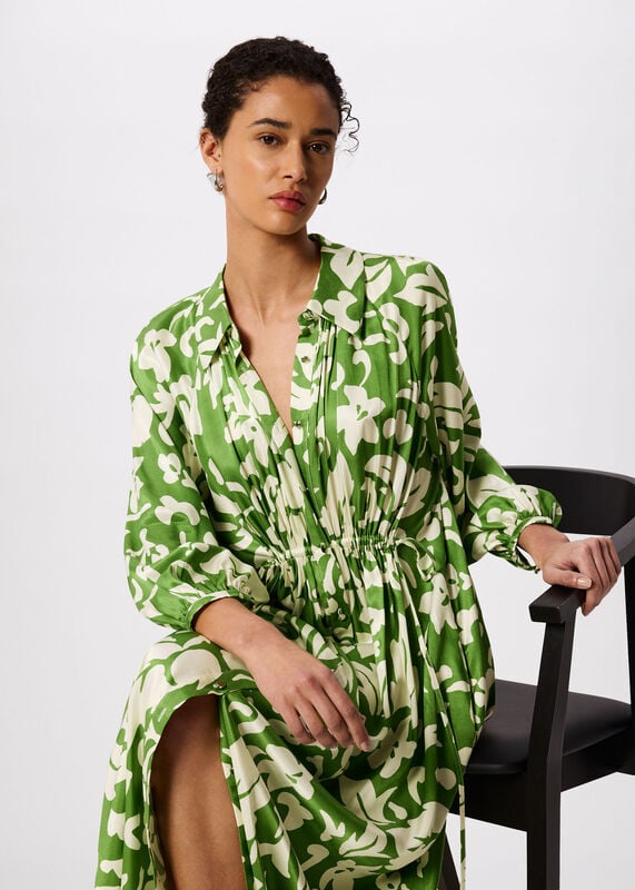 Green Floral Trapeze Shirt Dress