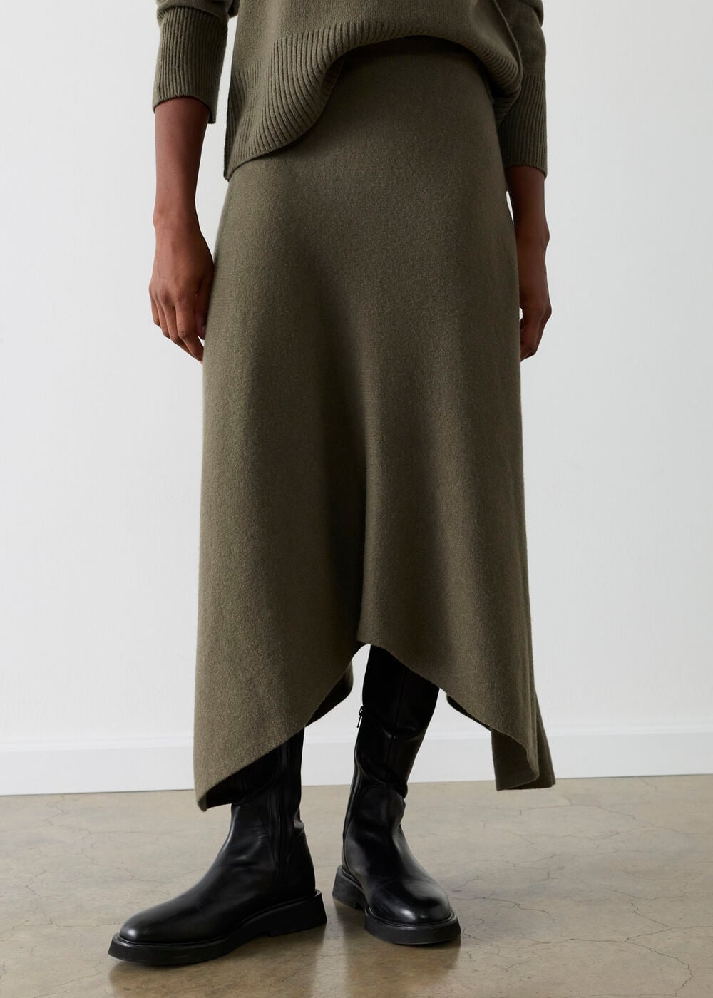 Khaki Asymmetric Hem Wool Knit Skirt