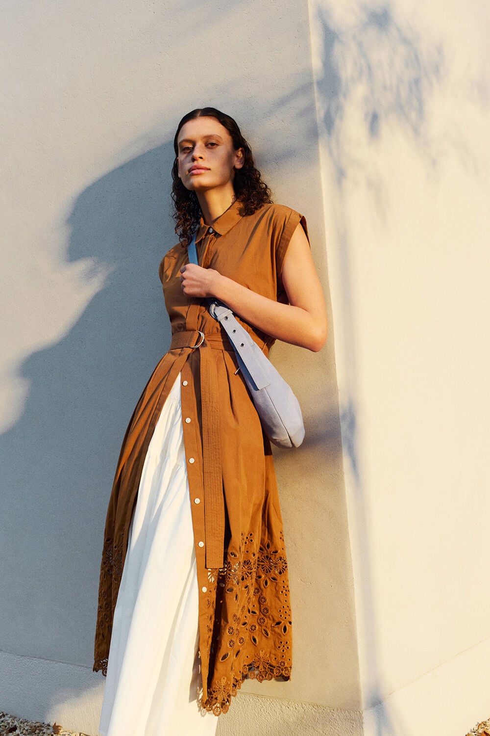 Camel Cotton Broderie Shirt Dress