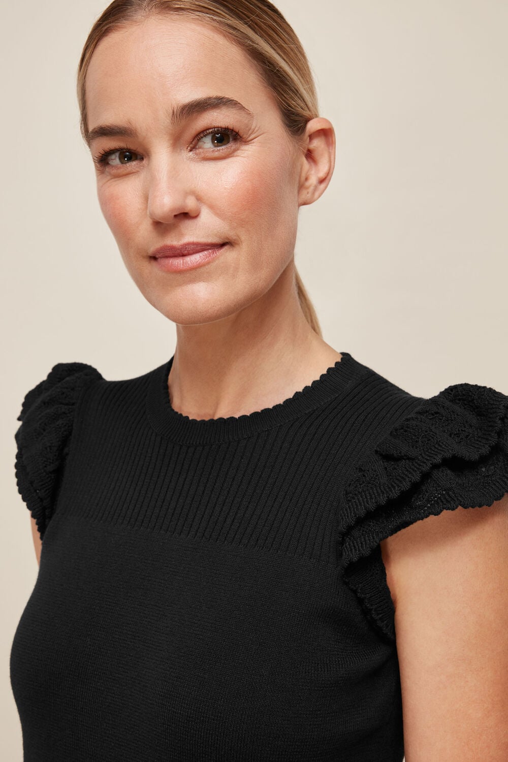 Pointelle Frill Sleeve Top Black