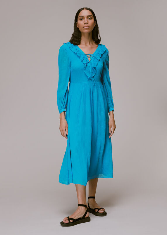 Blue Ruffle Detail Midi Dress