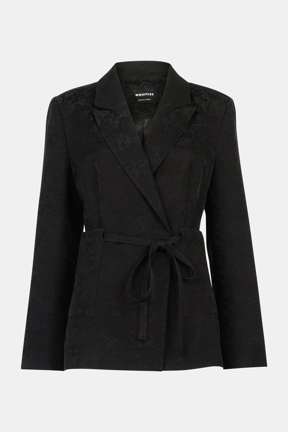 Black Jacquard Tie Waist Blazer