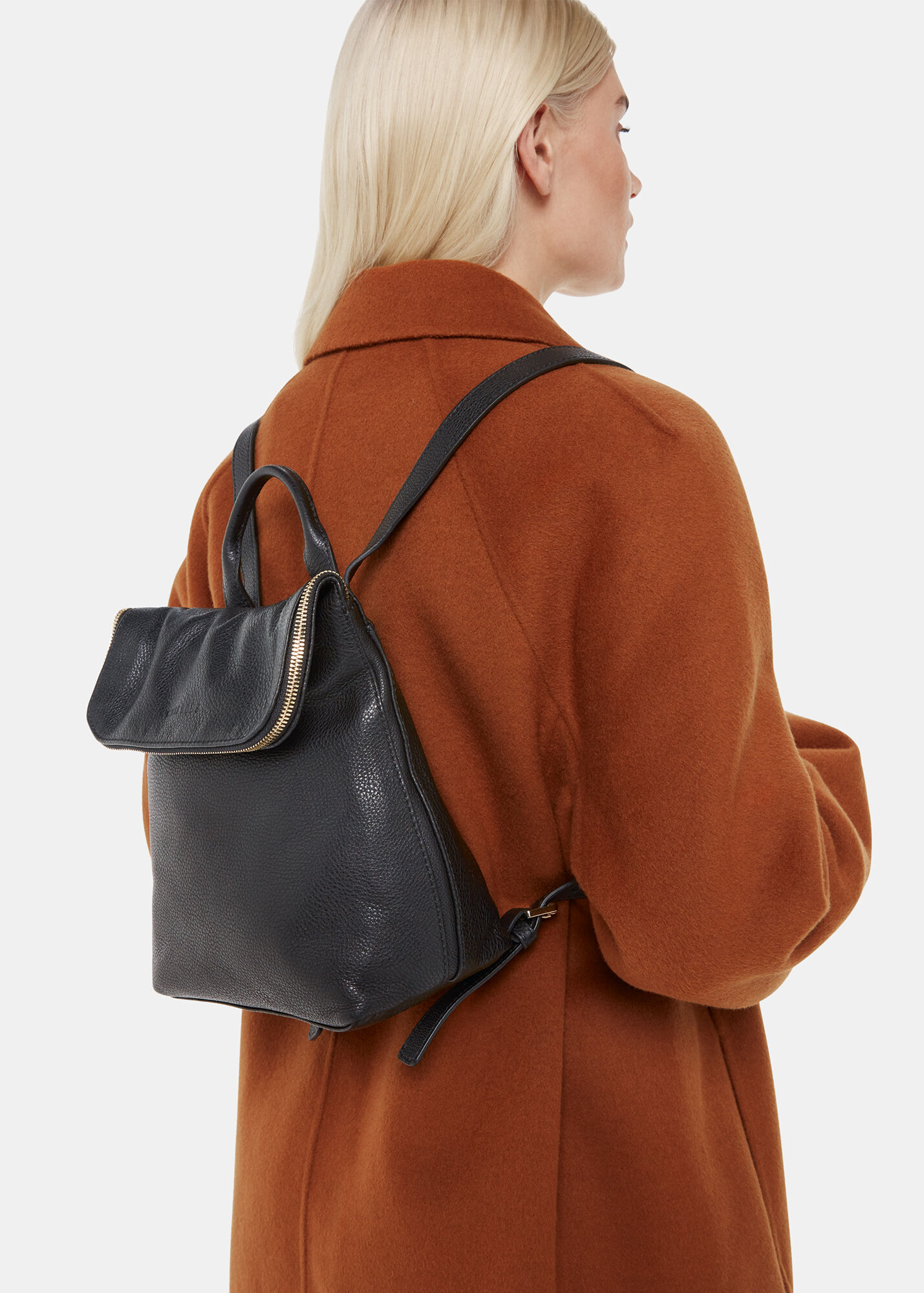 Mini Black Leather Backpack With Fold Over Zip Whistles