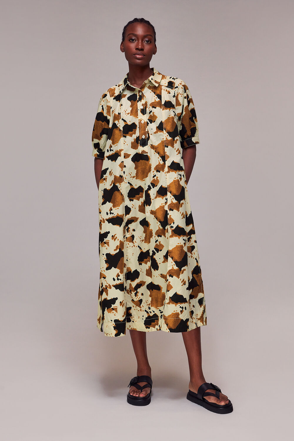 Brown Cow Print Shirt Dress