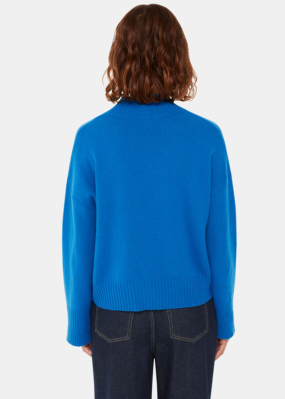 Blue Wool Double Trim Funnel Neck