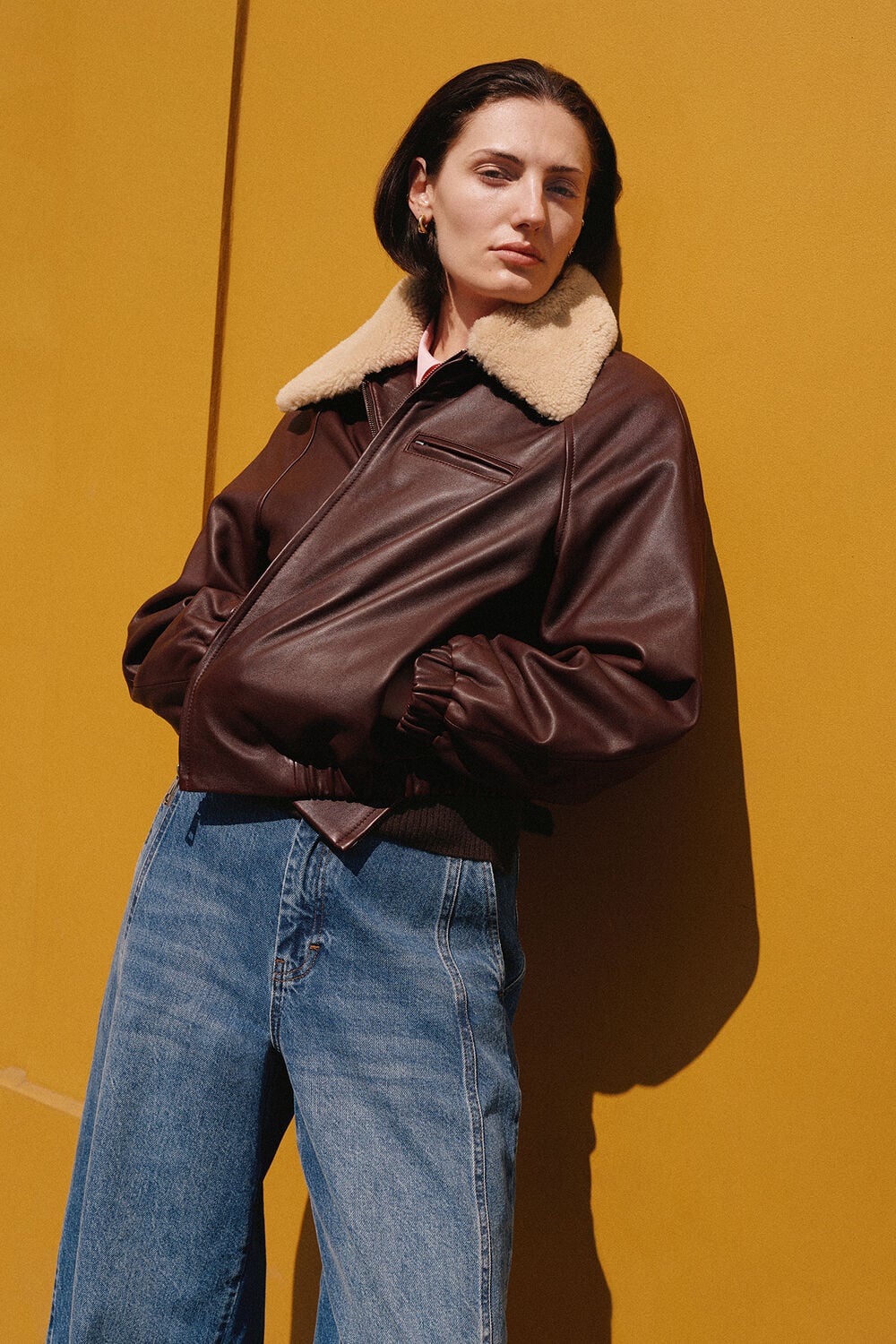 Burgundy Shearling Trim Leather Bomber