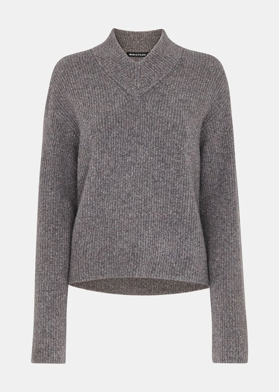 Grey V Neck Wool Mix Sweater