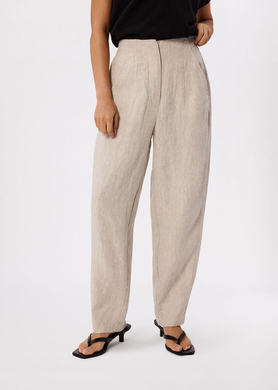 Oatmeal Petite Linen Barrel Leg Trouser