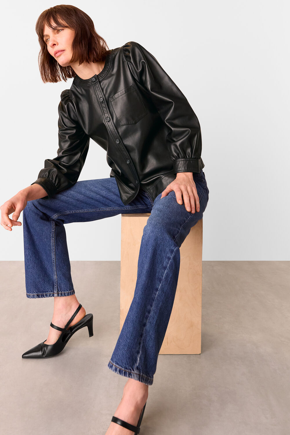 Leather Gathered Sleeve Shirt