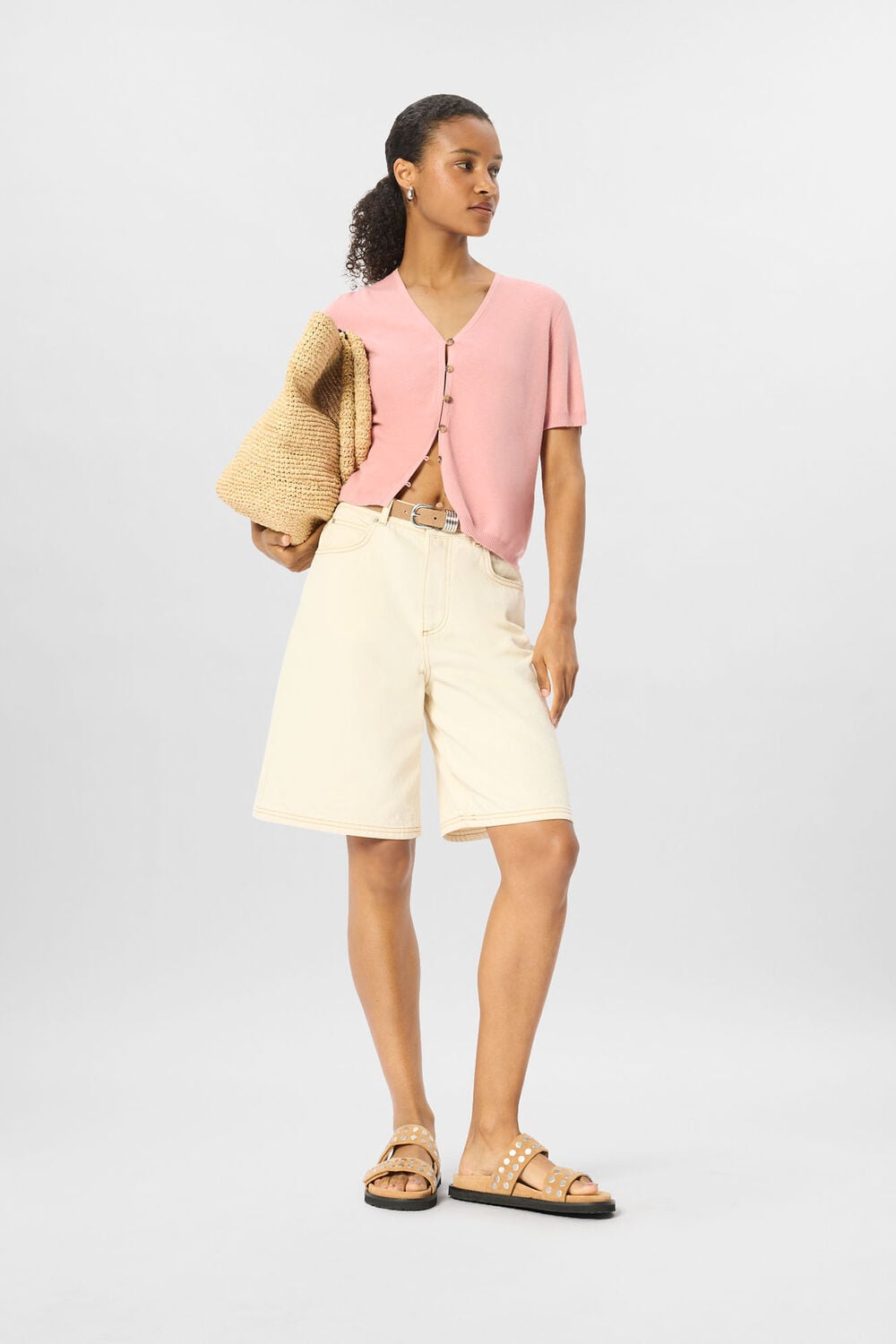 Pink Short Sleeve Button Front Knit