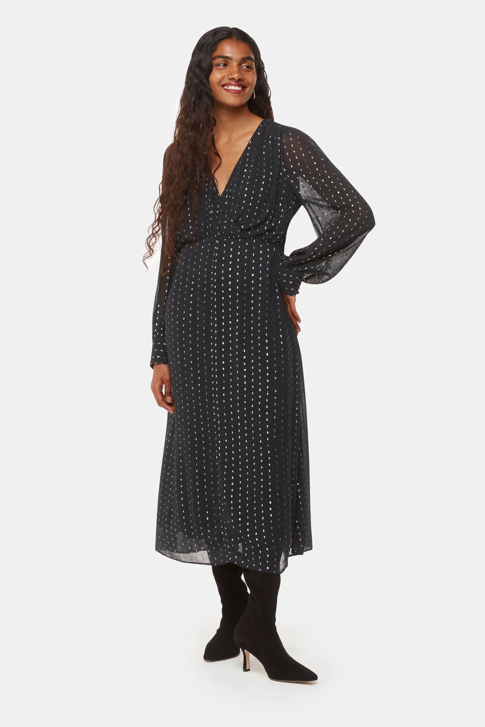 Black Petite Metallic Stripe Midi Dress