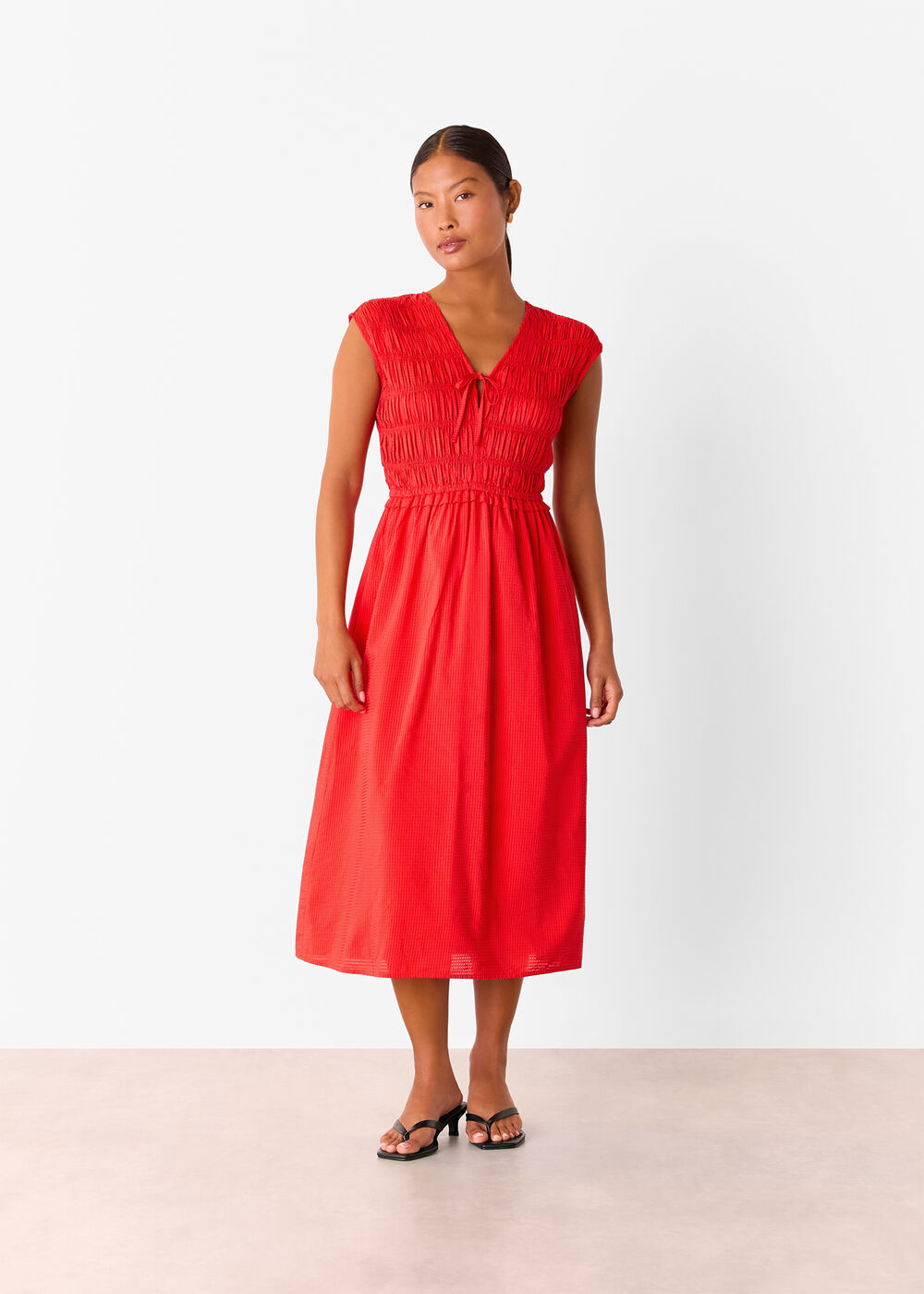 Petite Shirred Bodice V Neck Dress
