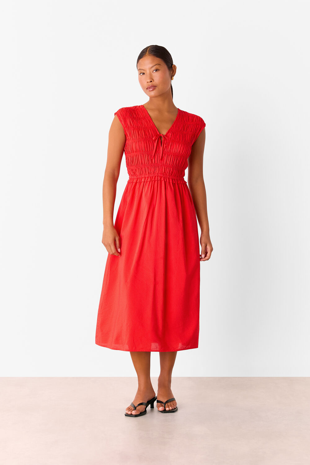 Red Petite Shirred Bodice V Neck Dress