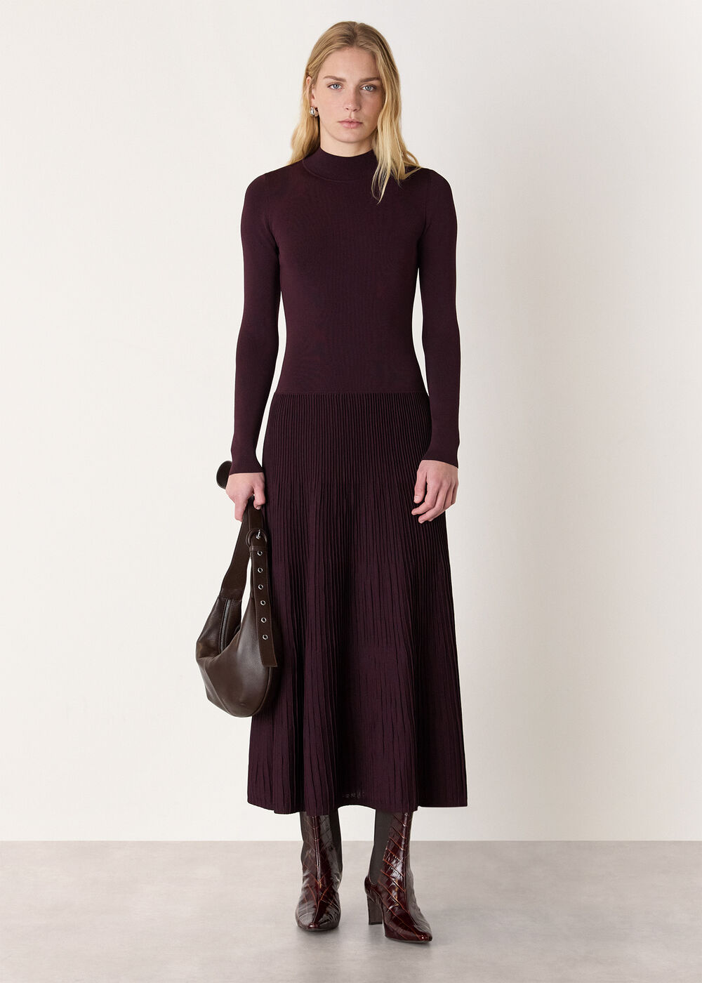 Funnel Neck Pleated Knit Dress