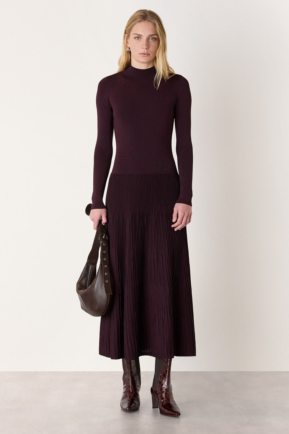Plum Funnel Neck Pleated Knit Dress