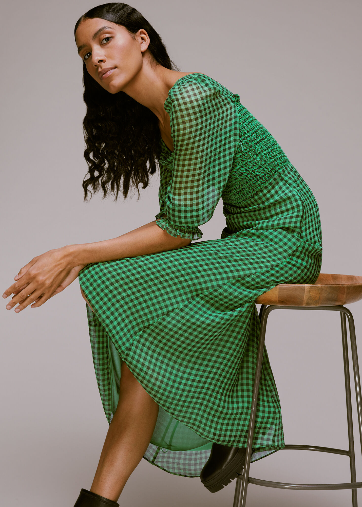 Green/Multi Lottie Gingham Shirred Dress WHISTLES