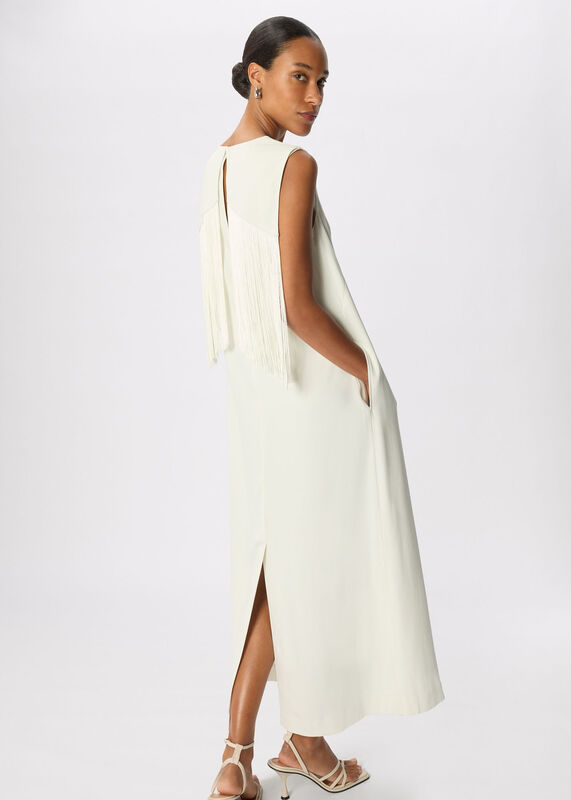 Ivory Fringe Back Midi Dress