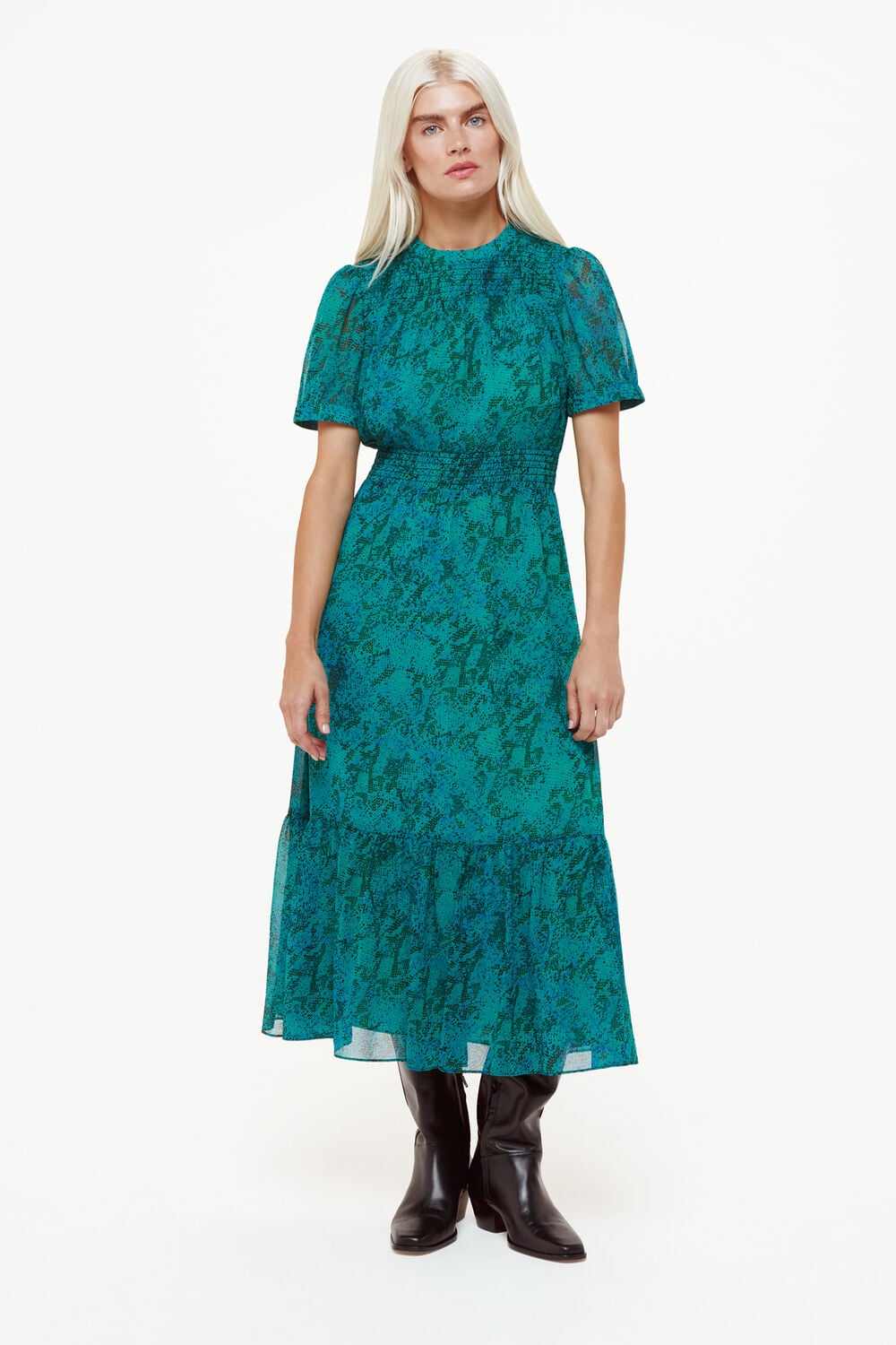 Petite Diagonal Snake Shirred Dress
