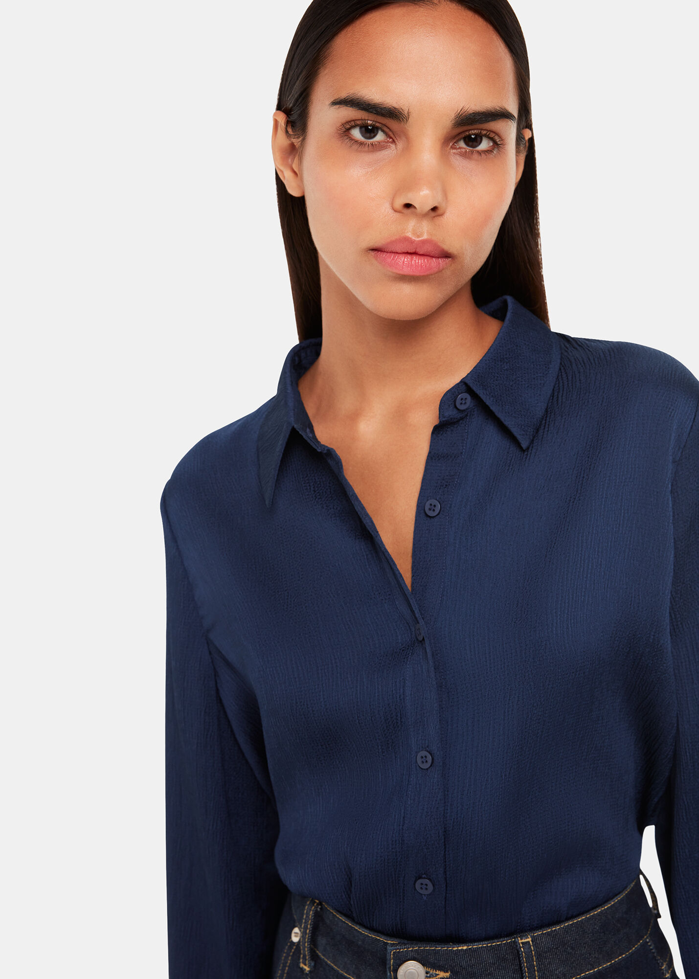 Navy satin shirt dress top